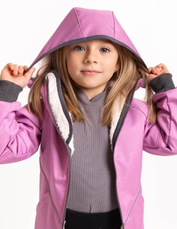 Dětská zimní softshellová bunda Unuo s umělým kožíškem lila