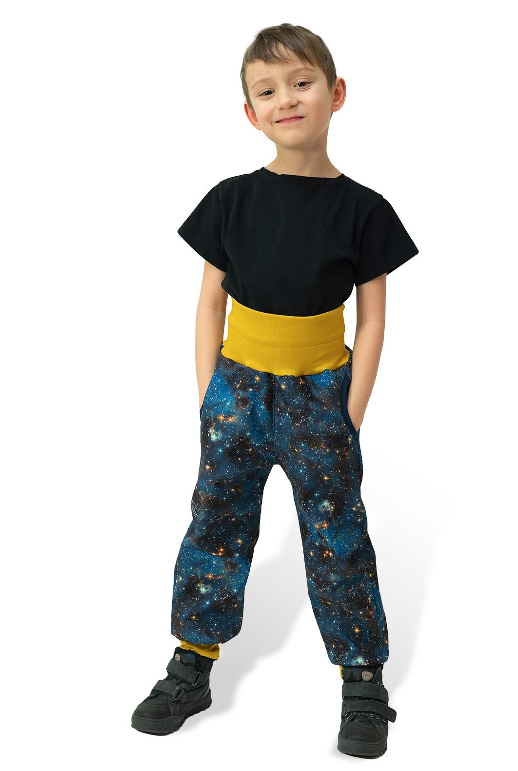 Chlapecké rostoucí softshellové kalhoty Sport Esito s fleecem vesmír galaxie