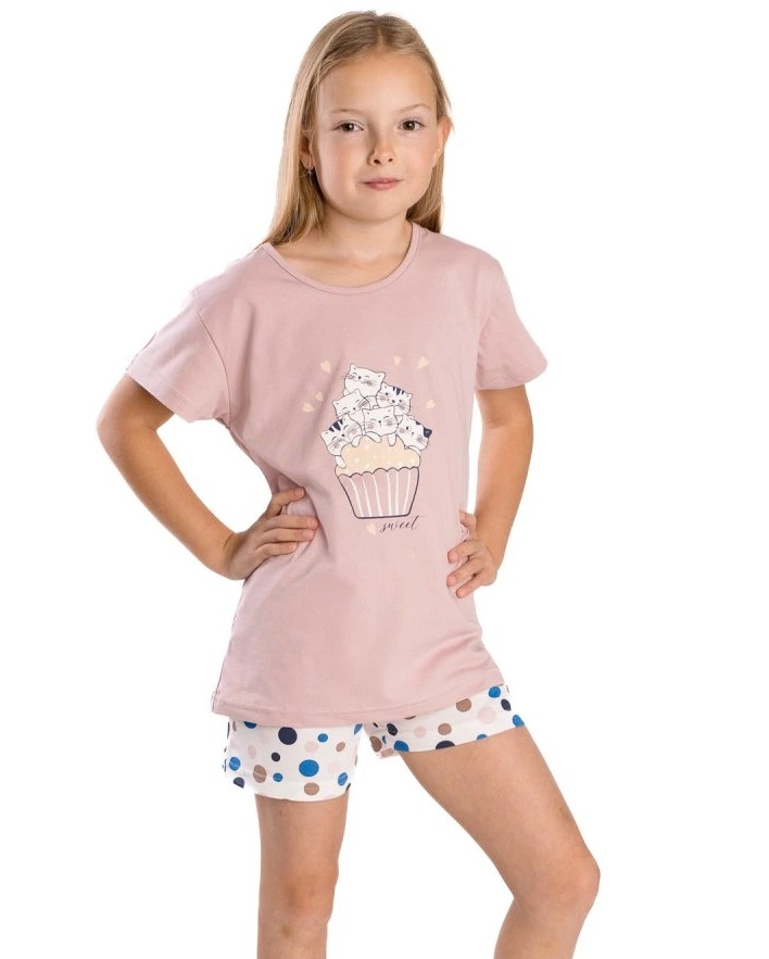 Dívčí letní pyžamo Betty Mode pudrové kočičí rodinka