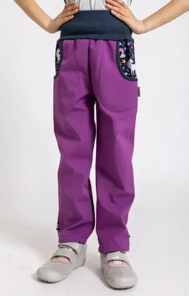 Dívčí softshellové kalhoty Unuo s fleecem - jednorožci