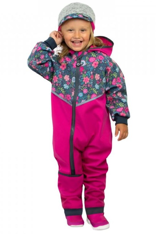 Dívčí softshellová kombinéza Unuo růžová s kytičkami