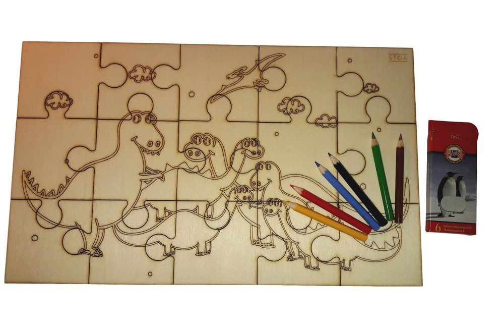 Dřevěné puzzle DINO k vybarvení - 15 dílků velké části