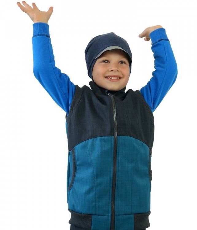 Chlapecká softshellová vesta bez fleecu s bambusovým úpletem šedá + petrolej