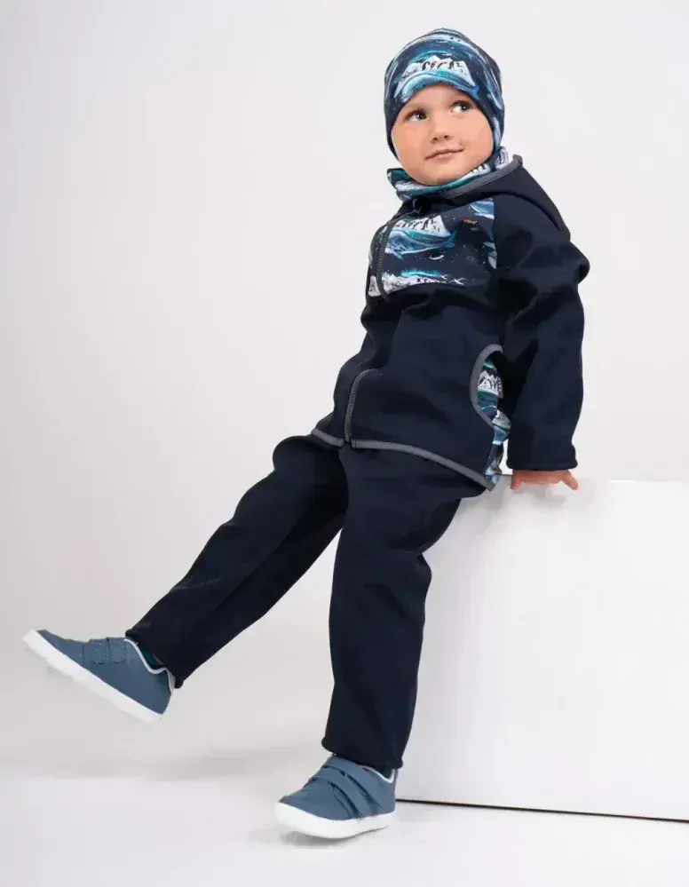 Dětská softshellová bunda Unuo s fleecem temně modrá tučňáci