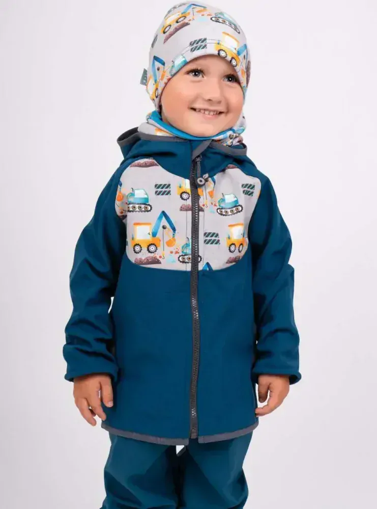 Dětská softshellová bunda Unuo s fleecem petrolejová bagry