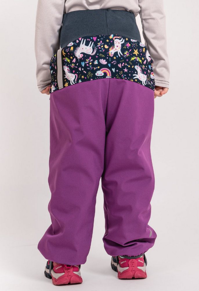 Dívčí zimní kalhoty Unuo s umělým kožíškem PLUS fialové jednorožci