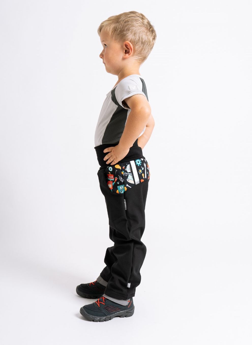 Dětské softshellové kalhoty Unuo s fleecem roboti