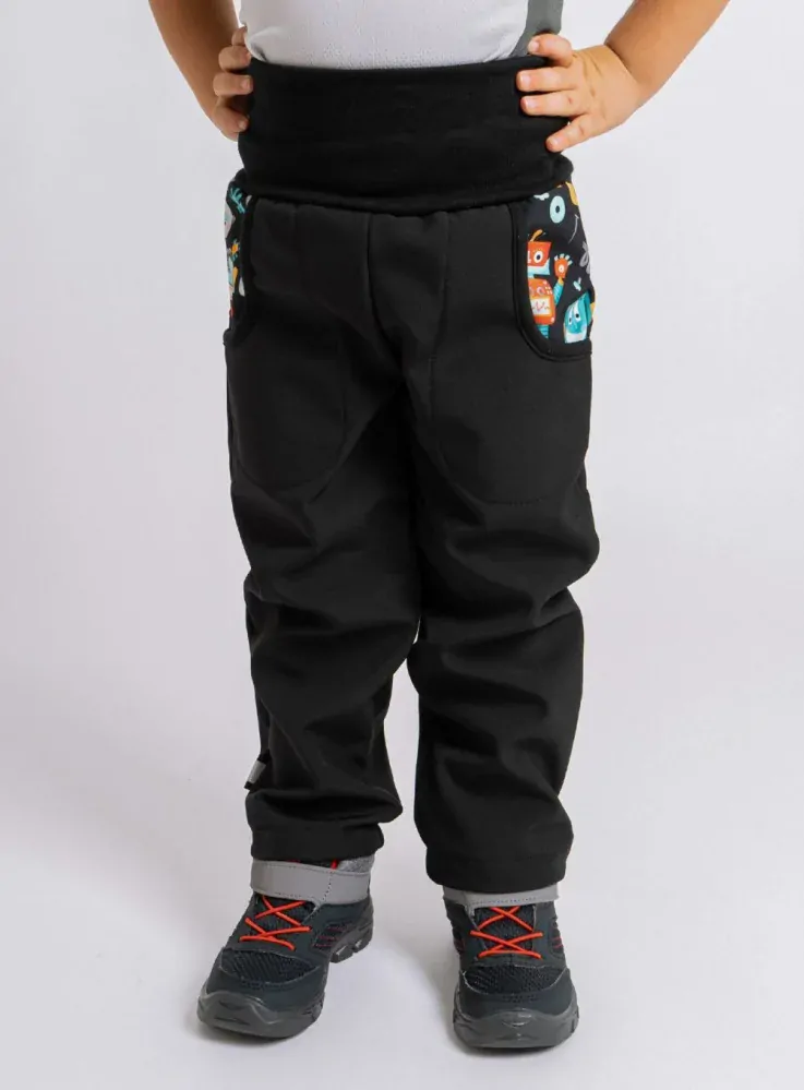 Dětské softshellové kalhoty Unuo Basic s fleecem roboti