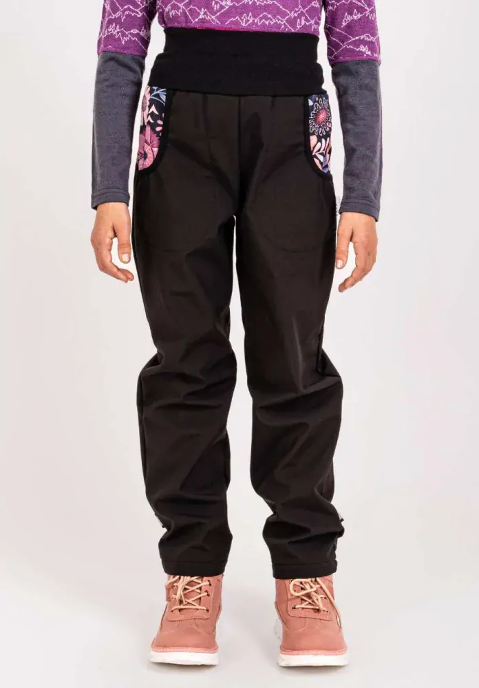 Dívčí softshellové kalhoty Unuo s fleecem kouzelné květiny