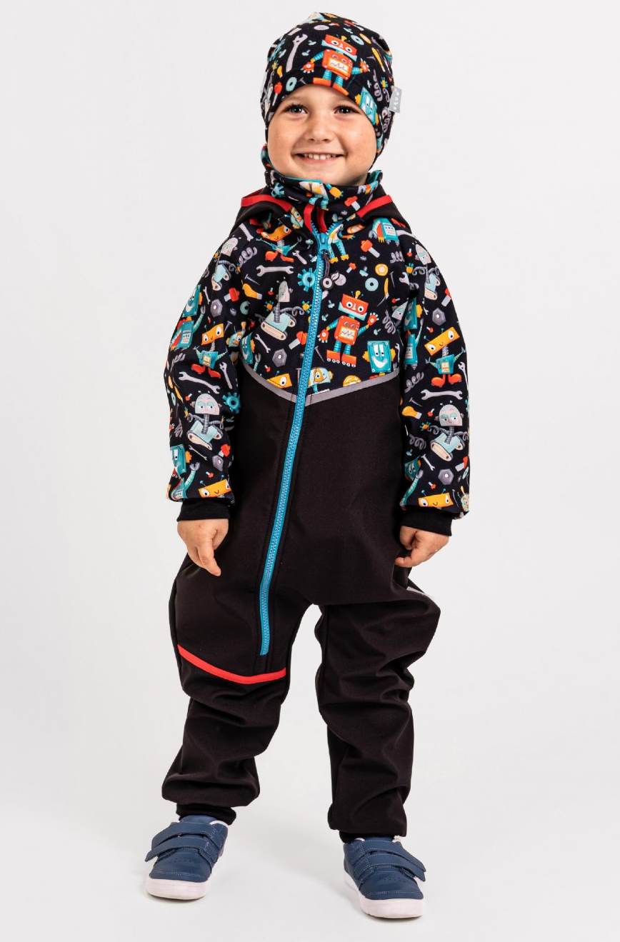 Chlapecká softshellová kombinéza Unuo černá roboti