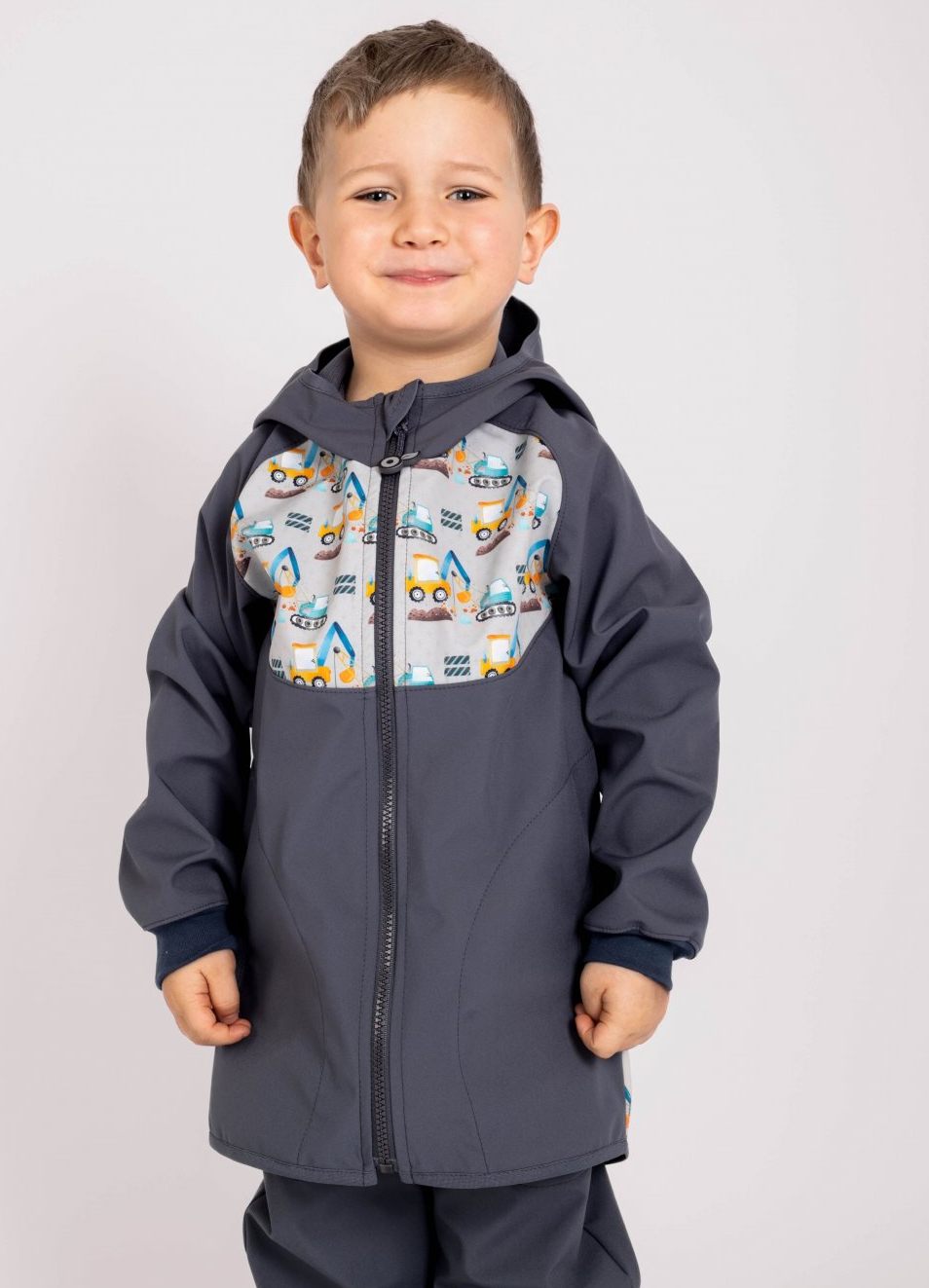 Dětská softshellová bunda Unuo (JARNÍ BEZ FLEECU) šedá bagry