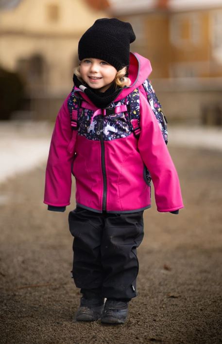 Dívčí softshellová bunda Unuo s fleecem  - tmavě růžová jednorožci