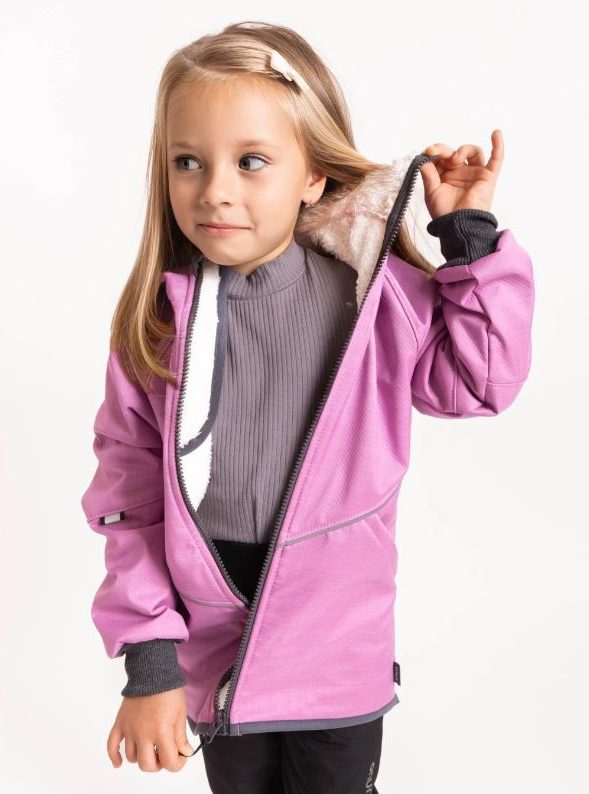 Dětská zimní softshellová bunda Unuo s umělým kožíškem lila