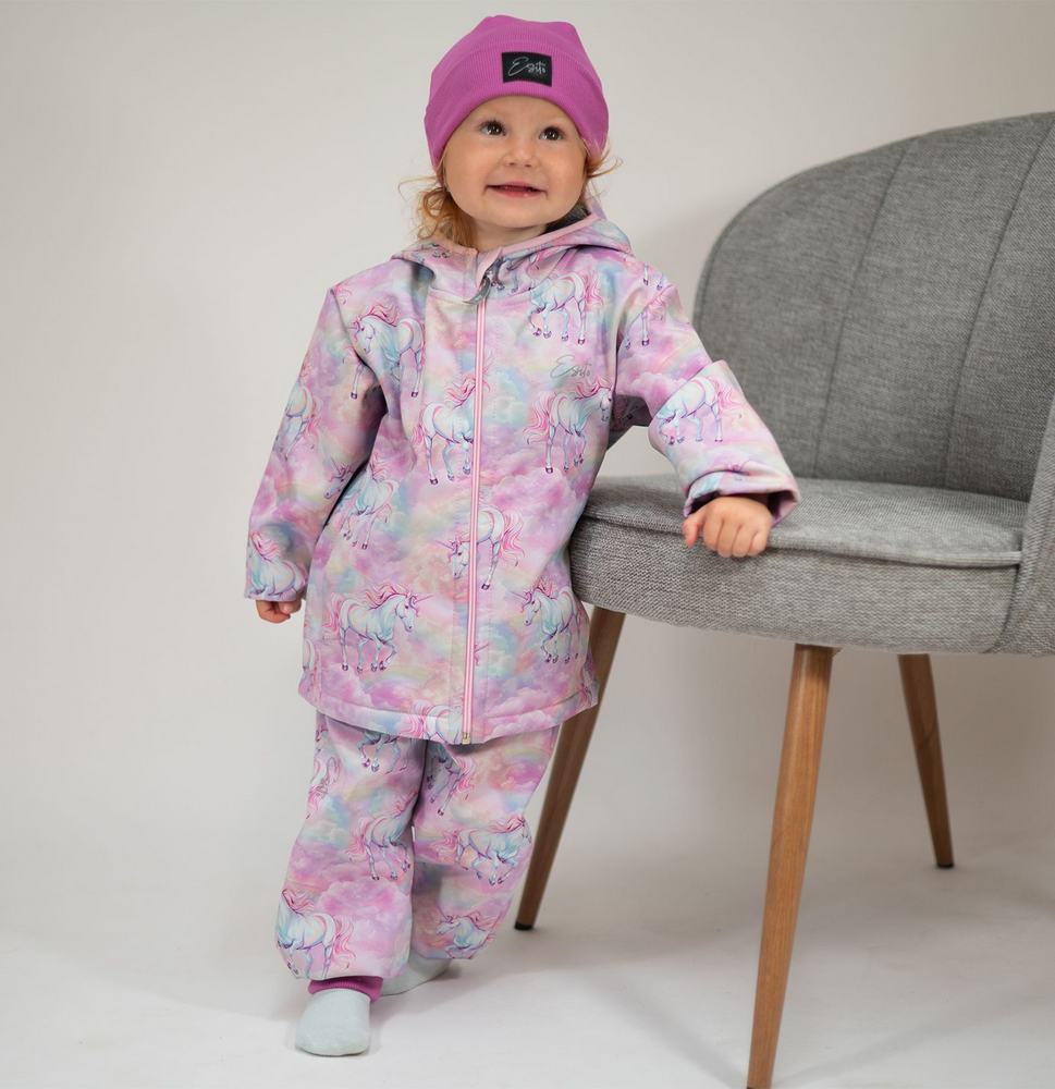 Dívčí jarní/podzimní softshellová bunda Esito s fleecem duo jednorožec