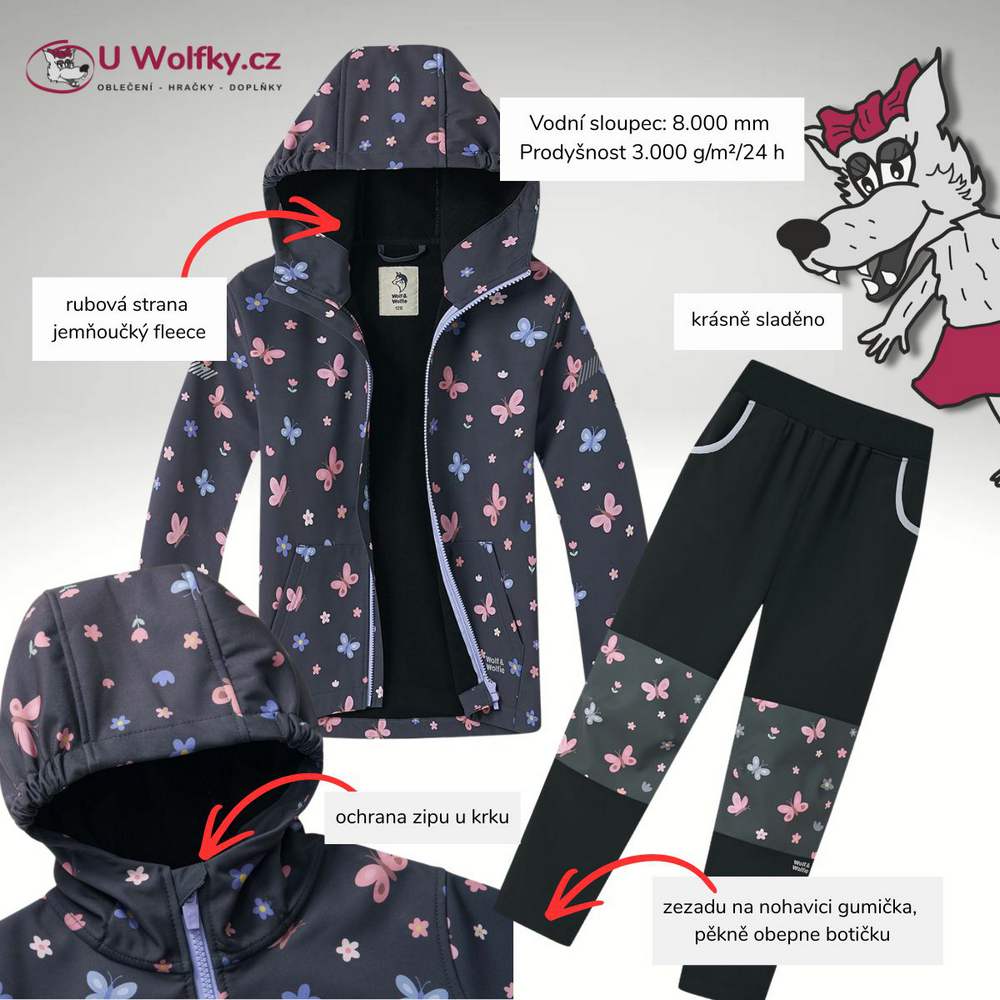 Dívčí softshellové kalhoty Wolf & Wolfie (jarní bez fleecu) B2683 černé s motýlky