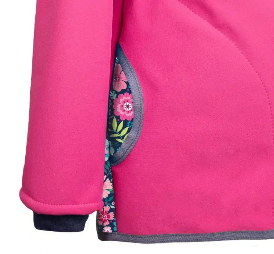 Dívčí softshellová bunda Unuo s fleecem - květinky tmavě růžová