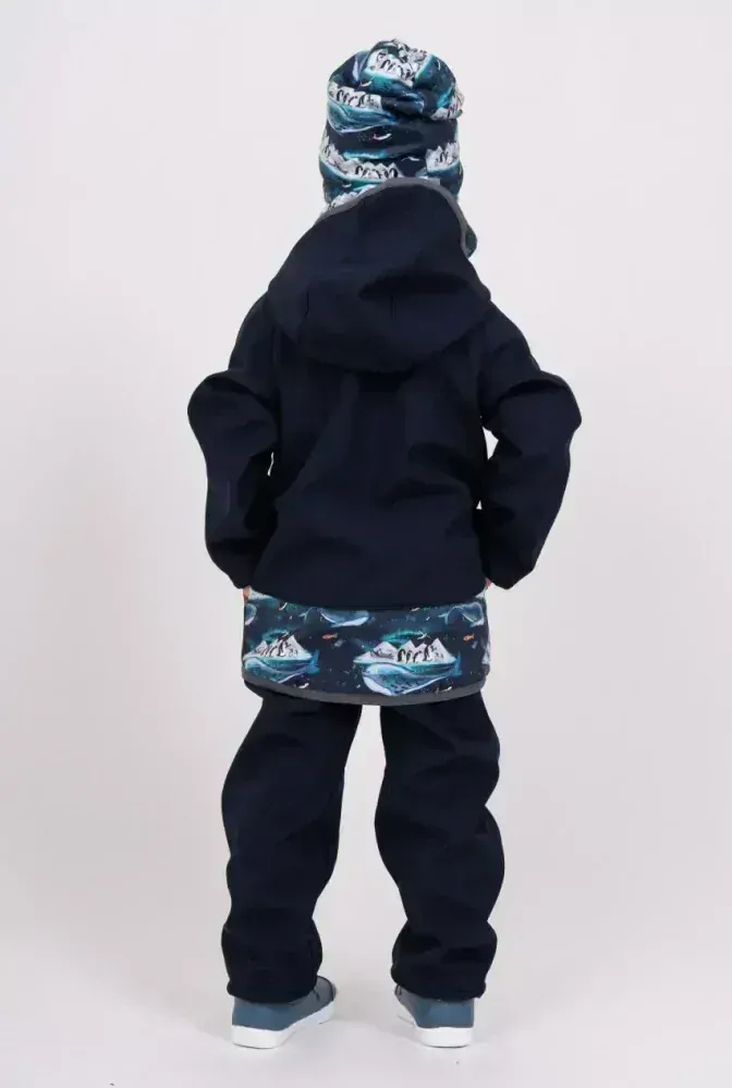 Dětská softshellová bunda Unuo s fleecem temně modrá tučňáci