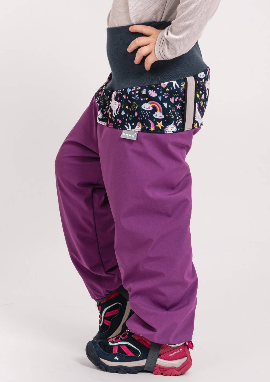 Dívčí zimní kalhoty Unuo s umělým kožíškem PLUS fialové jednorožci