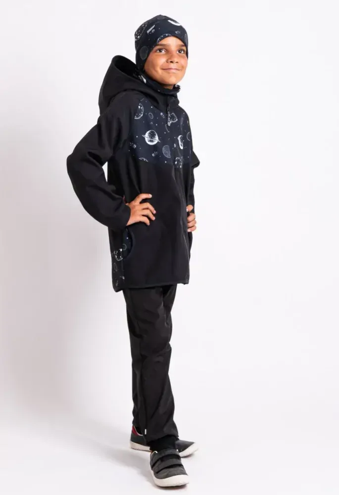 Dětská softshellová bunda Unuo s fleecem černá planety