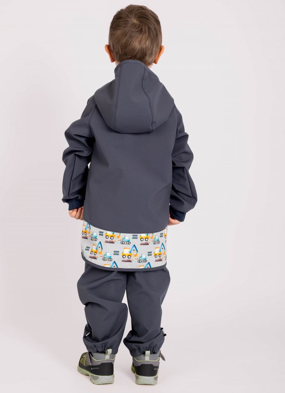 Dětská softshellová bunda Unuo (JARNÍ BEZ FLEECU) šedá bagry
