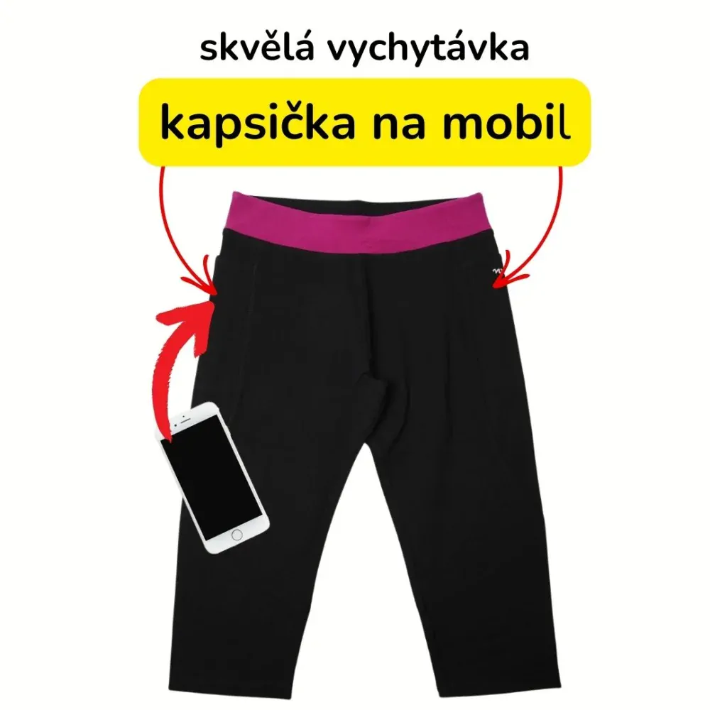 Dámské 3/4 legíny Wolf H2447 s kapsičkou na mobil vel. M-L černé s růžovou