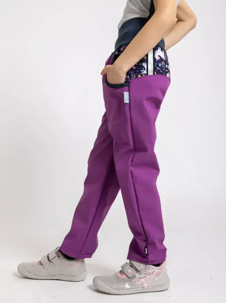 Dívčí softshellové kalhoty Unuo s fleecem - jednorožci