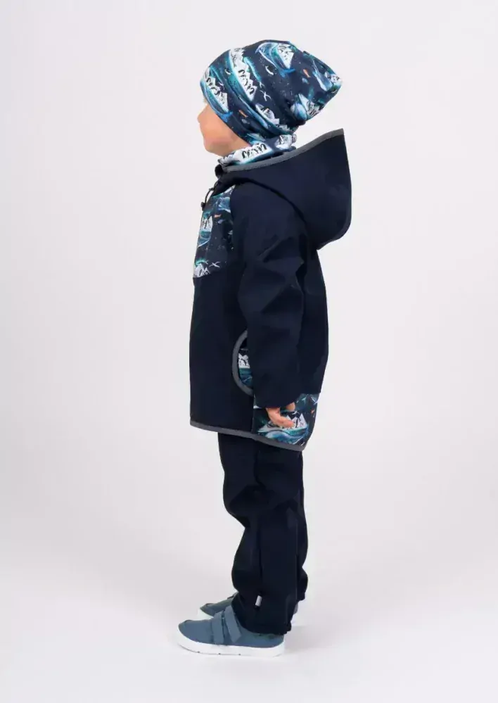 Dětská softshellová bunda Unuo s fleecem temně modrá tučňáci