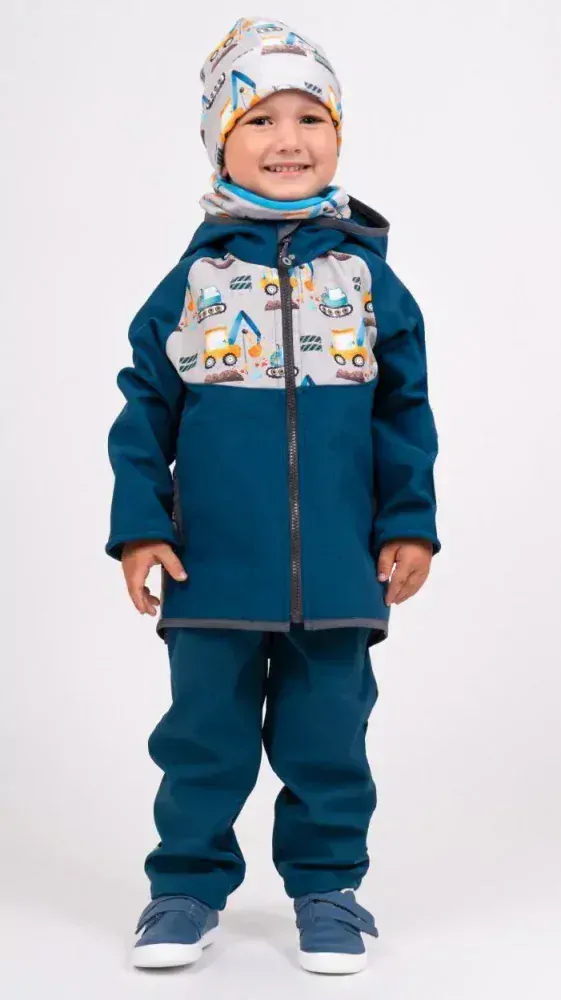 Dětská softshellová bunda Unuo s fleecem petrolejová bagry