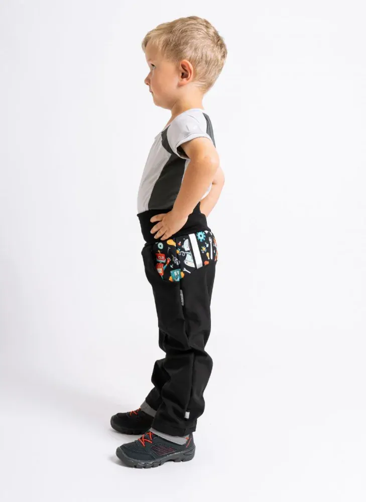 Dětské softshellové kalhoty Unuo Basic s fleecem roboti