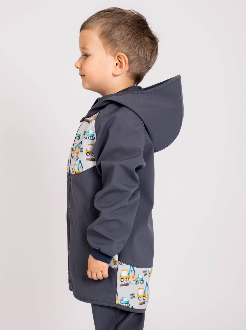 Dětská softshellová bunda Unuo (JARNÍ BEZ FLEECU) šedá bagry