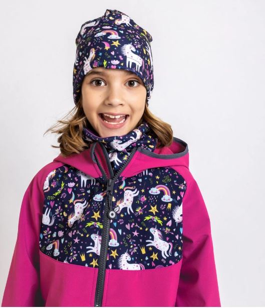 Dívčí softshellová bunda Unuo s fleecem  - tmavě růžová jednorožci