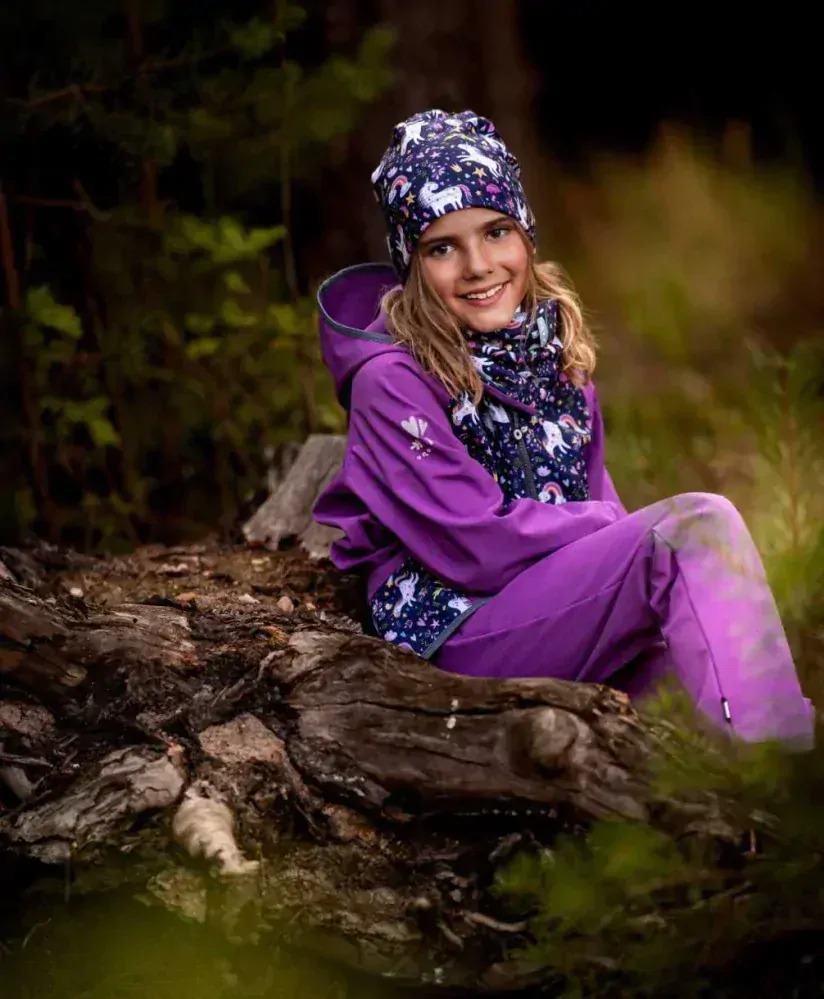 Dívčí softshellové kalhoty Unuo s fleecem - jednorožci