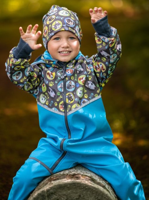 Chlapecká softshellová kombinéza Unuo modrá kočka/pes kluk