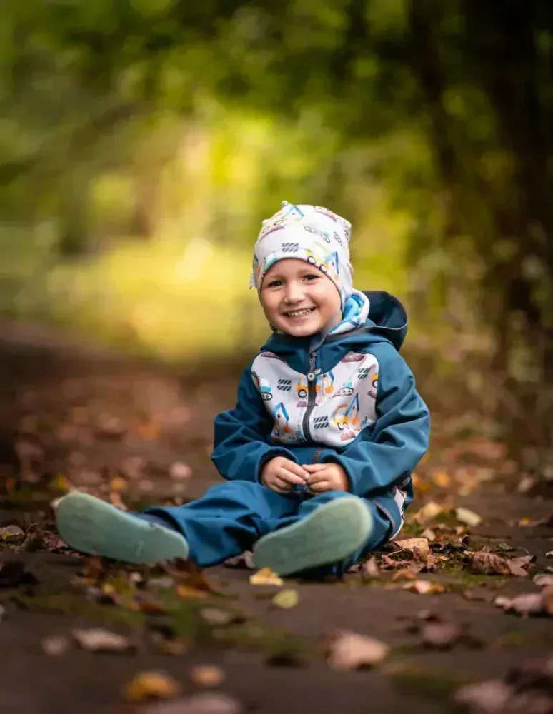 Dětská softshellová bunda Unuo s fleecem petrolejová bagry