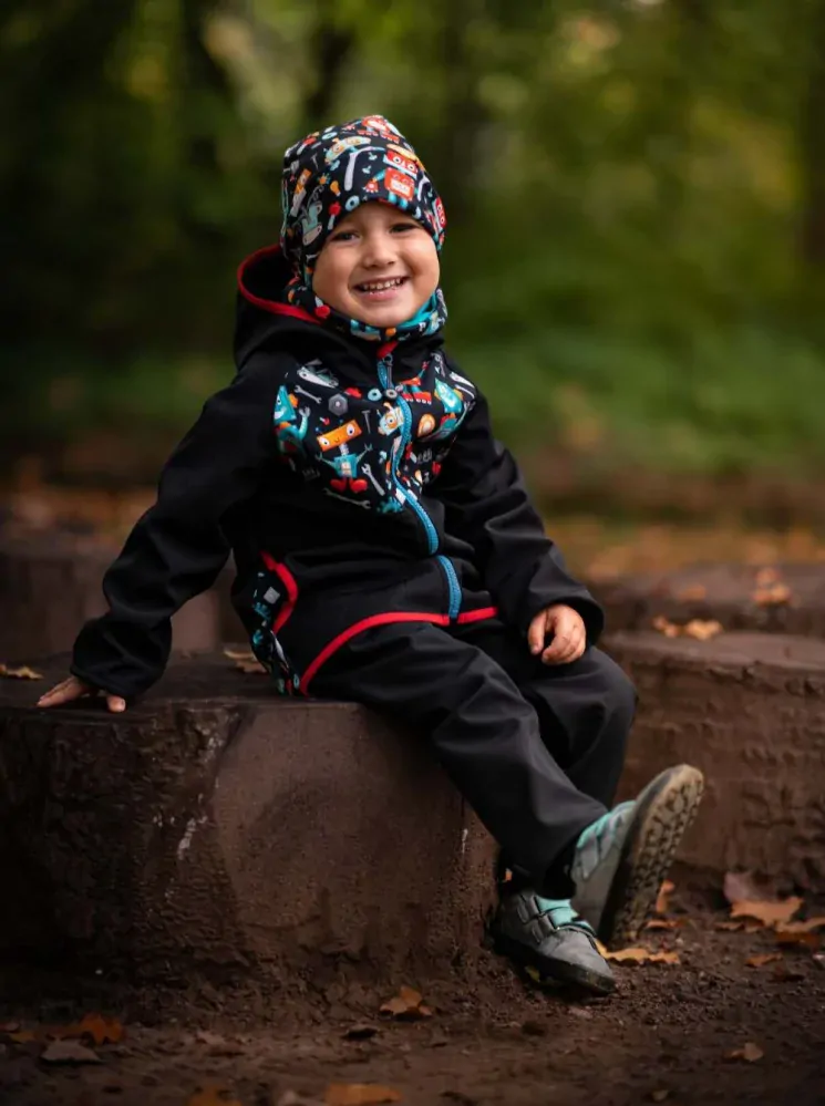 Dětské softshellové kalhoty Unuo Basic s fleecem roboti