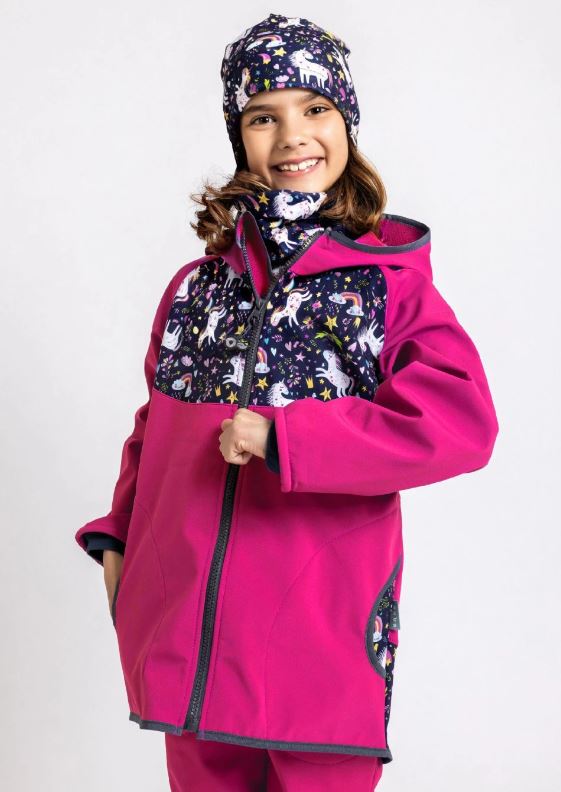Dívčí softshellová bunda Unuo s fleecem  - tmavě růžová jednorožci