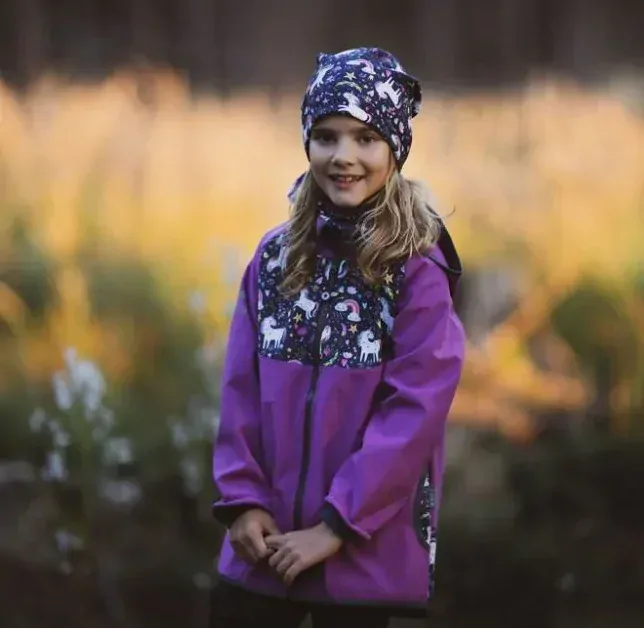 Dívčí softshellová bunda s fleecem Unuo jednorožci - fialová