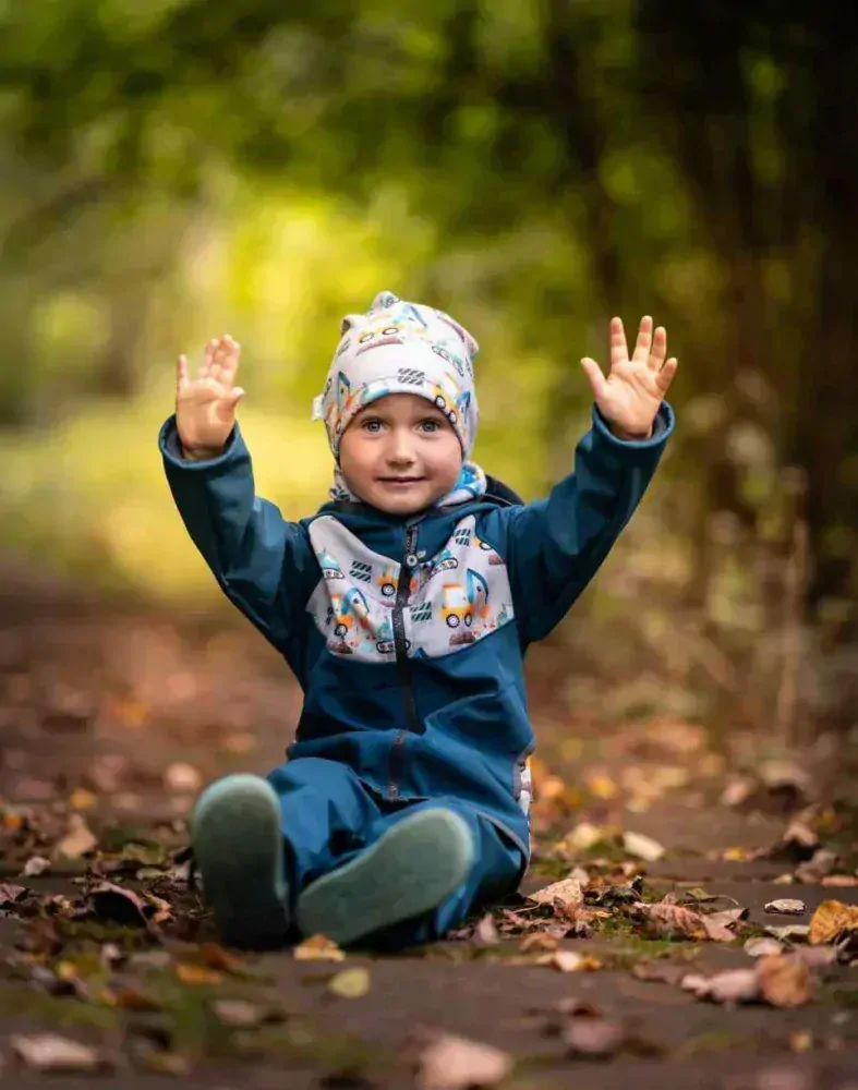 Dětská softshellová bunda Unuo s fleecem petrolejová bagry