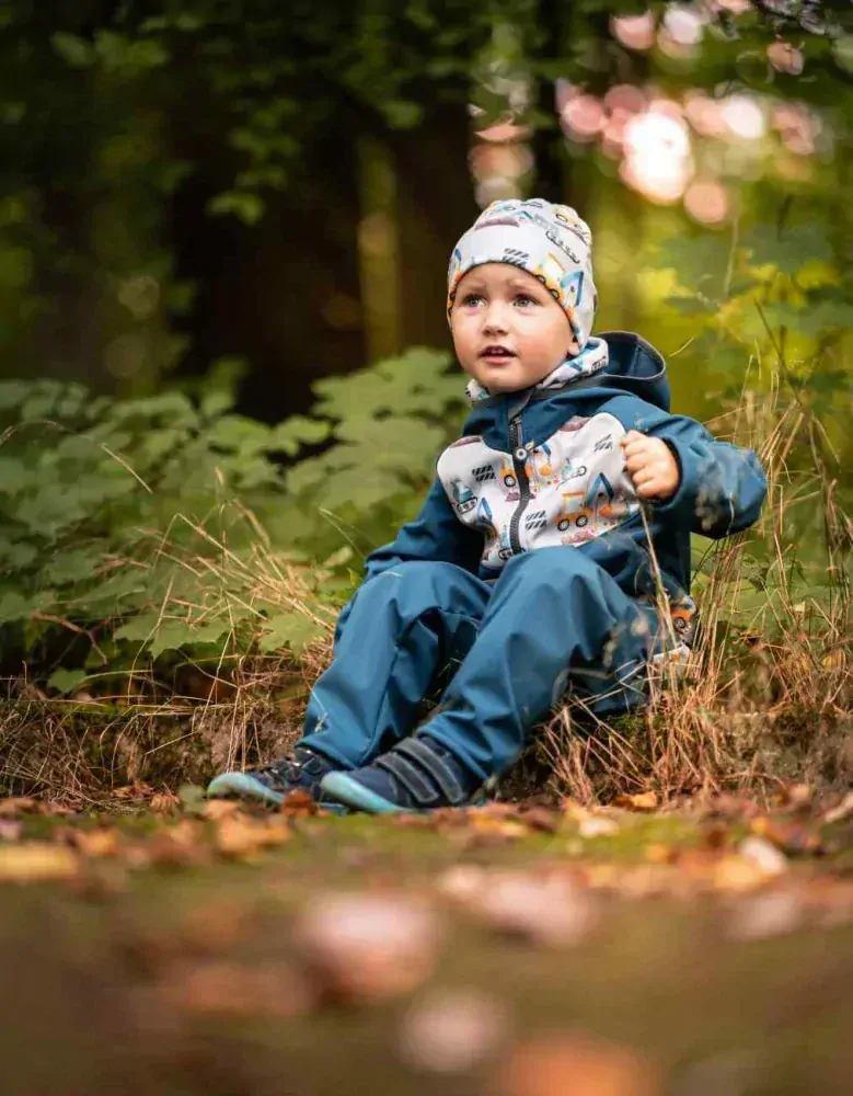 Dětská softshellová bunda Unuo s fleecem petrolejová bagry