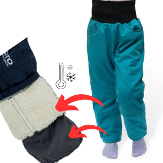 Dětské zimní softshellové oteplovačky Esito s umělým kožíškem vel. 86-146 petrolejové