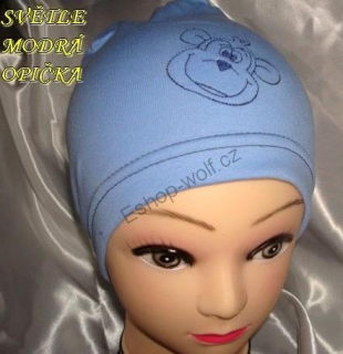 Jarní/podzimní čepice světle modrá opička obvod 45-51 cm