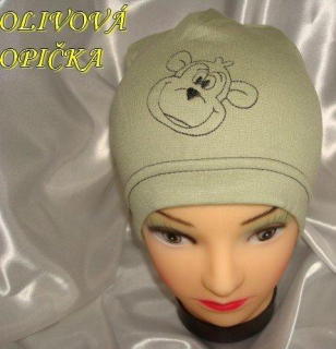 Jarní/podzimní čepice olivová opička obvod 45-51, 52-56 cm