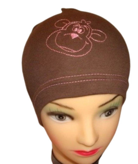 Jarní/podzimní čepice hnědá opička (růžová výšivka) obvod 38-46 cm