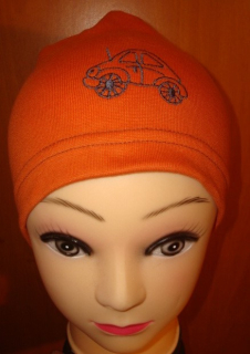 Jarní/podzimní čepice cihlová s autem obvod 45-51 cm