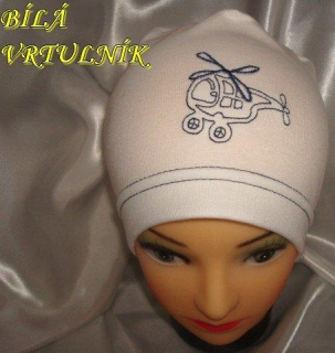 Jarní/podzimní čepice bílá s vrtulníkem obvod 45-51 cm