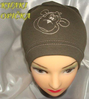 Jarní/podzimní čepice khaki s opičkou obvod 45-51 cm