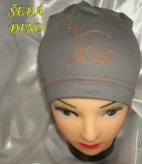 Jarní/podzimní čepice šedá dino (oranžová výšivka) obvod 45-51 cm
