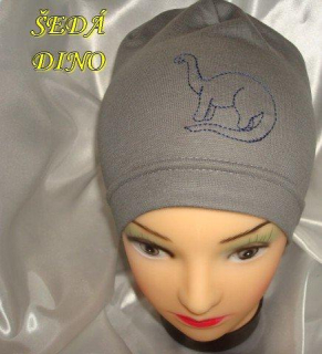 Jarní/podzimní čepice šedá dino (tmavě modrá výšivka) obvod 45-51 cm