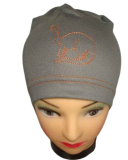 Jarní/podzimní čepice šedá dino (oranžová výšivka) obvod 45-51 cm