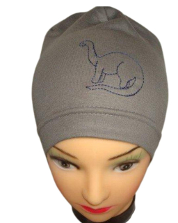Jarní/podzimní čepice šedá dino (tmavě modrá výšivka) obvod 45-51 cm